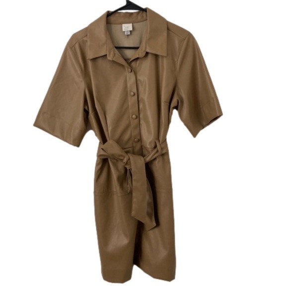A New Day NWOT Faux Leather Mini Dress With Belt Size Medium Pockets Collar - Picture 3 of 8